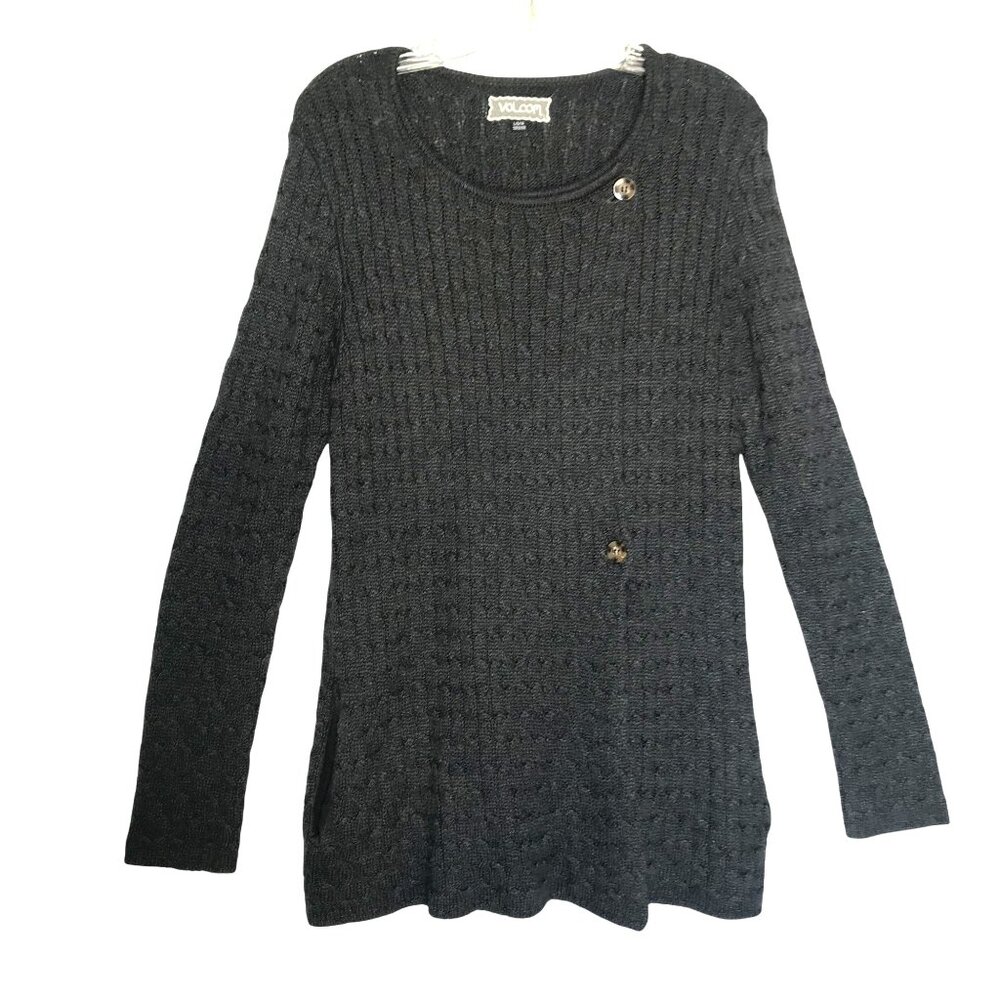 Volcom Womens L/14 Longline Gray Cable Knit Sweater Pockets